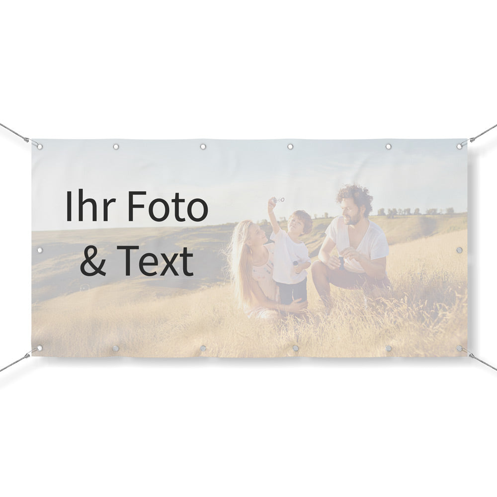 Personalisierbares Werbebanner mit eigenem Foto und individuellem Text – hochwertiges Banner zum Selbstgestalten für Werbung, Events oder private Feiern