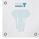 XXL Textildruck Dekotex mit Ösen für die Montage inklusive Druck nach Wunsch. Hier mit Beispieldruck in weiss und türkis mit dem Print Mondo Logo und dem Elefanten.