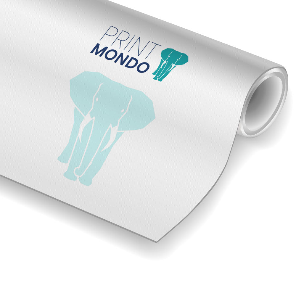 Ansicht Material DekoTex mit Druck, Konfektion nur auf das Maß zugeschnitten. Hier mit Beispieldruck in weiss und türkis mit dem Print Mondo Logo und dem Elefanten.