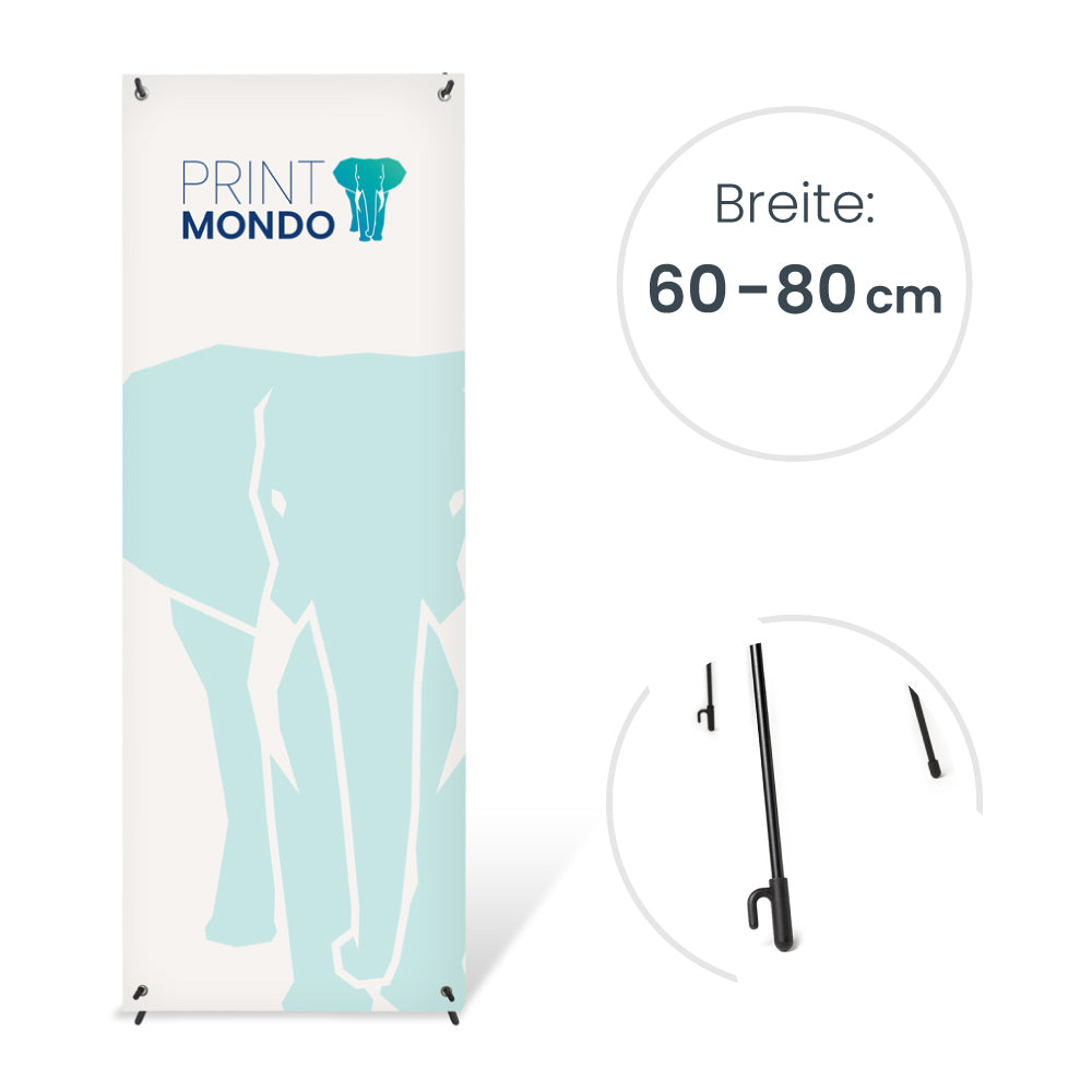 Frontansicht Easy X mit Druck und Detailinformation über die Breite 60cm und 80cm sowie Nahaufnahme auf die drei Standbeine.