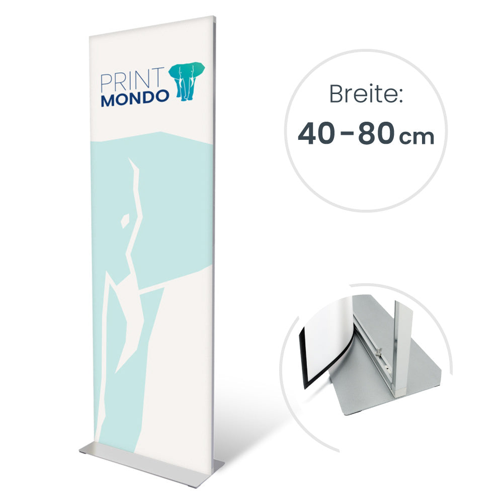 Seitliche Ansicht auf den Magnetic Stand inklusive Druck. Zusätzlich die Angabe der Mögichen Breiten 40cm bis 80cm und einem Detailbild, mit leicht abgewendetem Druck, auf dem man das Magnetband sieht.