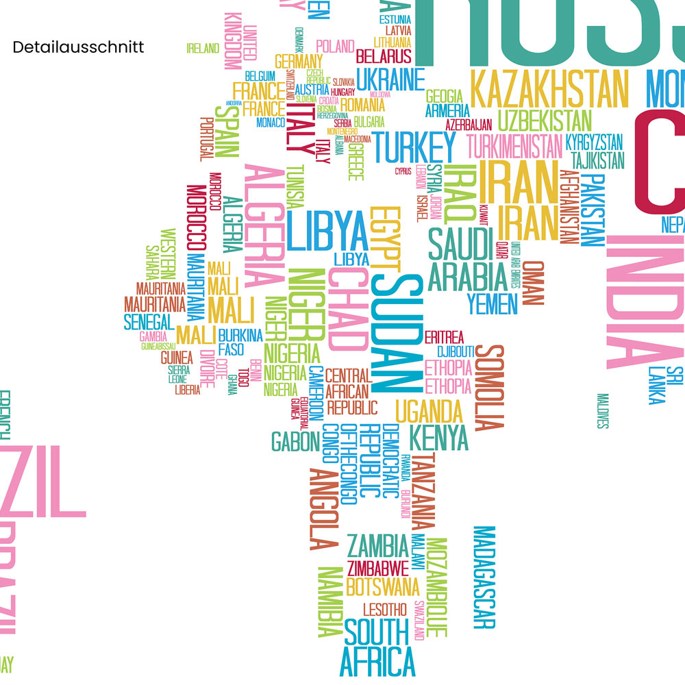 Detailansicht Leinwandbild "Ländernamen Weltkarte"