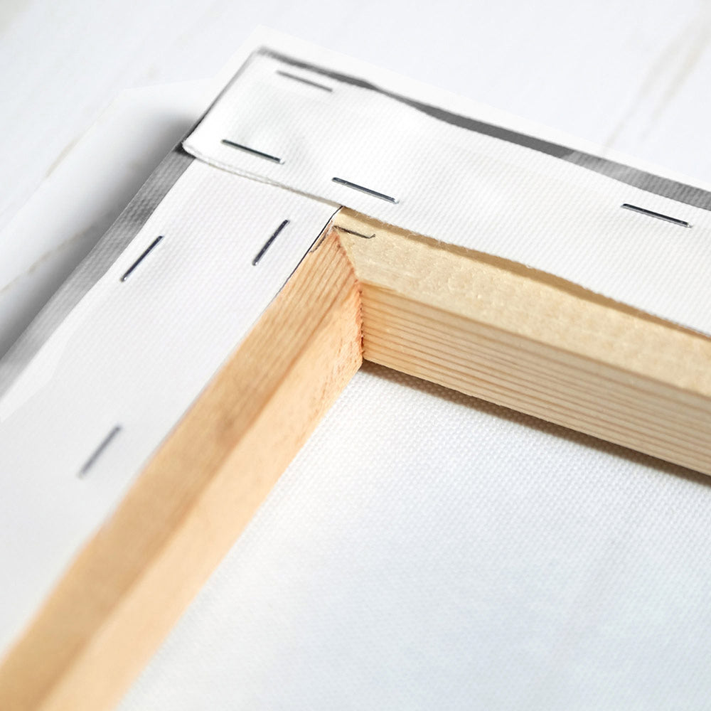 Keilrahmen Rückseitige Ansicht Befestigung von Canvas Material auf FSC-zertifiziertem Fichtenholz.