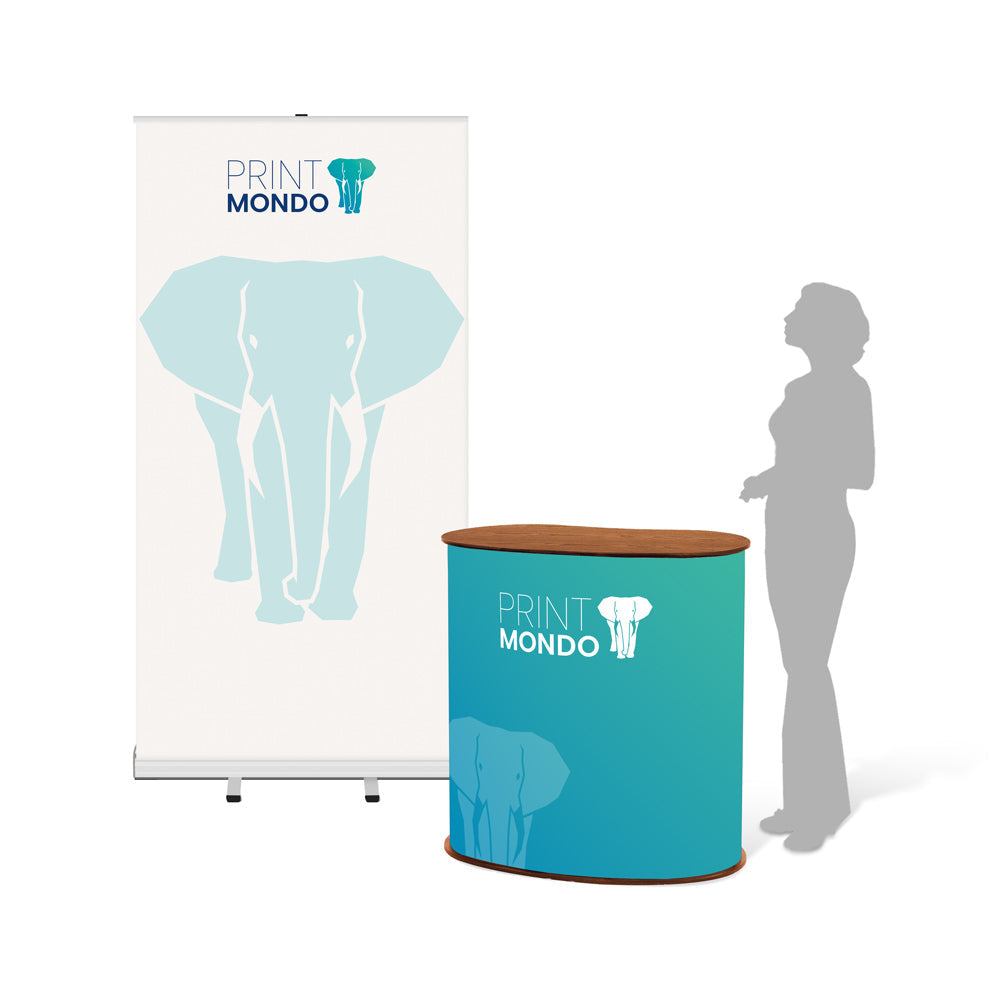 Messeset Starter small mit Promotiontheke und RollUp Display. Hier mit einem Beispieldruck in weiss und türkis mit dem Print Mondo Elefanten Logo in blau.
