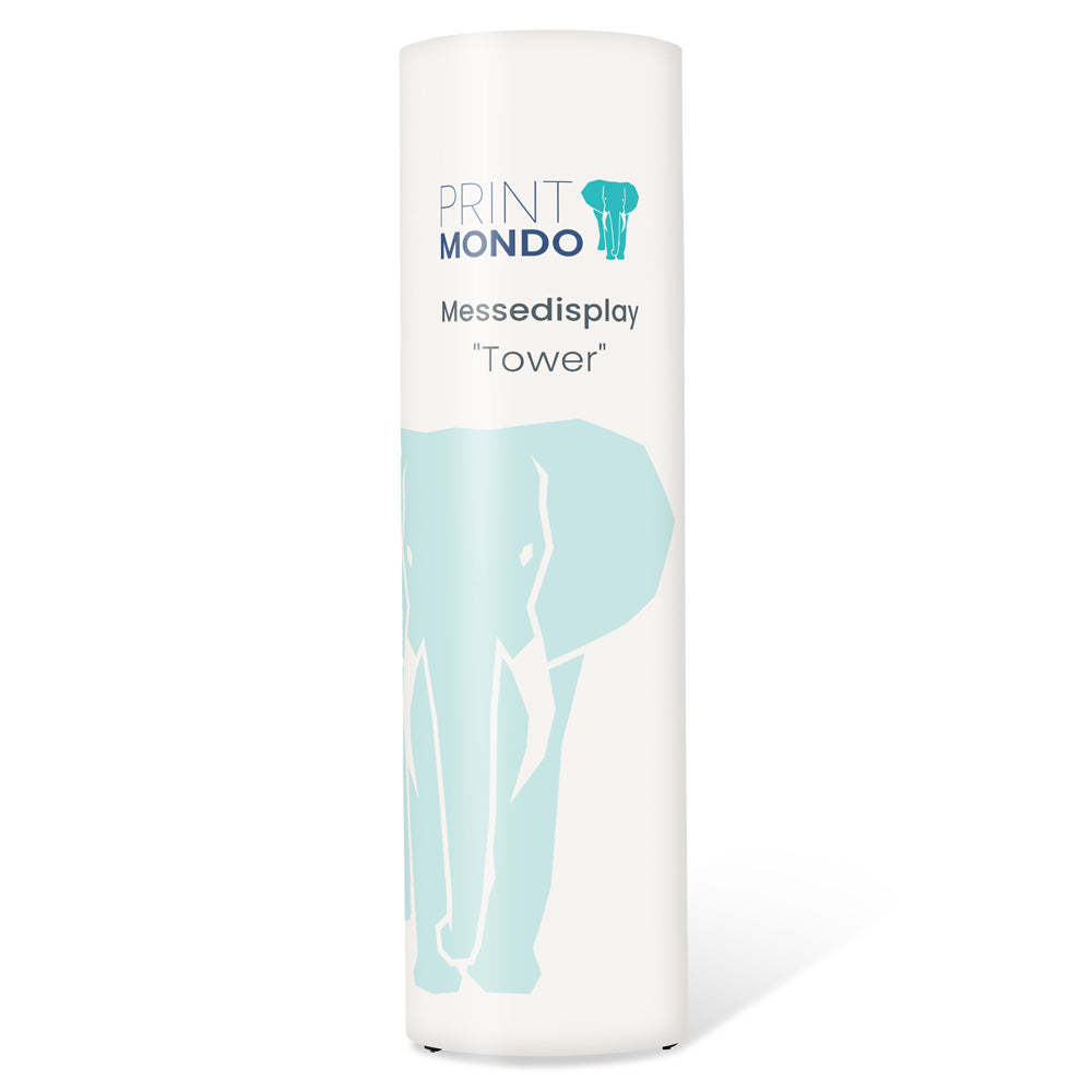Großansicht vom Messedisplay Pop up Display. Hier mit einem Beispieldruck in weiss und türkis mit dem Print Mondo Elefanten Logo in blau.