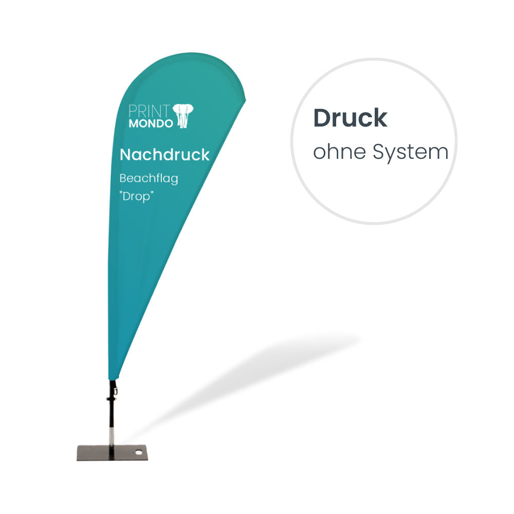 Nachdruck Beachflag Drop ohne System. Hier mit einem Beispieldruck in türkis mit dem weissen Print Mondo Elefanten Logo.