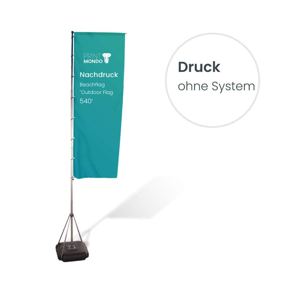 Nachdruck Mega Flag 540 ohne System. Hier mit Beispieldruck in türkis und weiss mit dem Print Mondo Elefanten Logo. Ohne System.