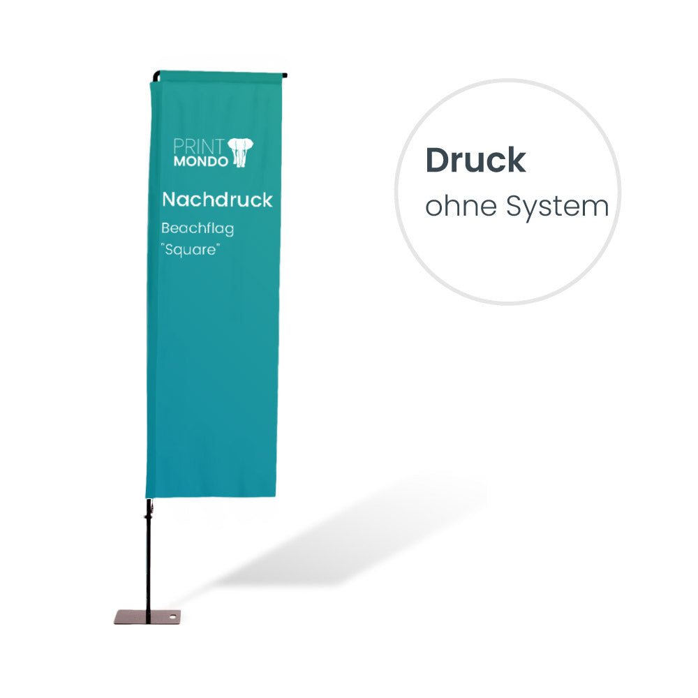 Nachdruck Beachflag Square ohne System. Hier mit einem Beispieldruck in türkis mit dem weissen Print Mondo Elefanten Logo.