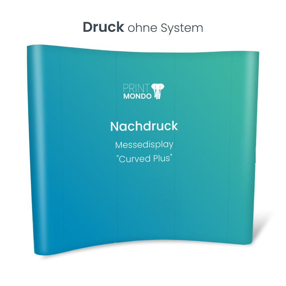 Ersatzdruck für die Messewand Curved Plus. Druck ohne System. Hier mit einem Beispieldruck in türkis/ blau mit dem weissen Print Mondo Elefanten Logo.