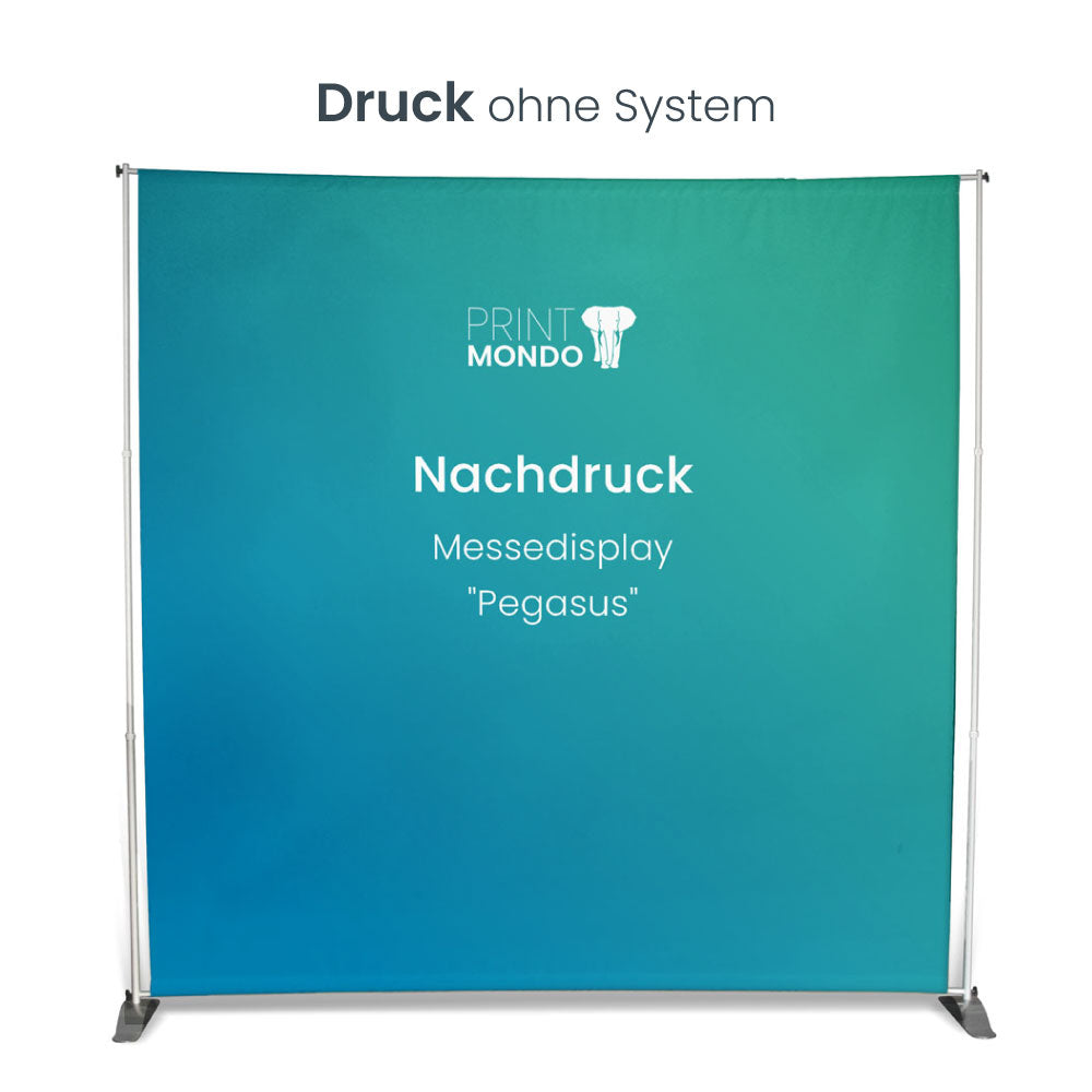 Nachdruck Pegasus ohne System. Hier mit einem Beispieldruck in türkis/ blau mit dem Print Mondo Elefanten Logo in weiss.