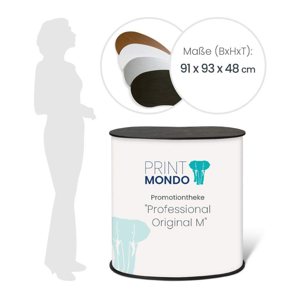 Darstellung Professional M Theke mit Angabe des Aufstellmaßes 91 x 93 x 48cm und einer Schattenperson daneben zum Größenverhältnis und aller Thekenplattenfarben. schwarz, silber, weiß und braun.