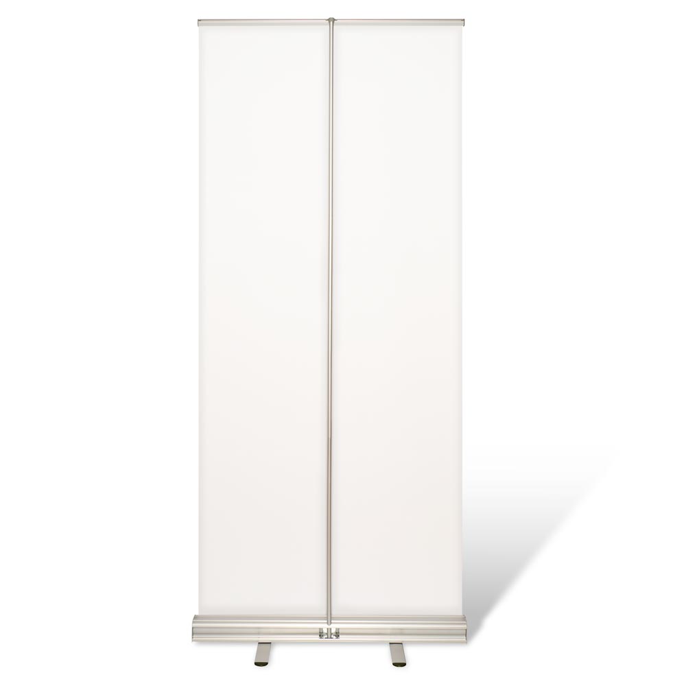 Roll Up Display Rückseite mit Klappstange sichtbar und Standfüße. In einem weissen Raum.