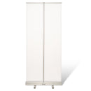 Roll Up Display Rückseite mit Klappstange sichtbar und Standfüße. In einem weissen Raum.