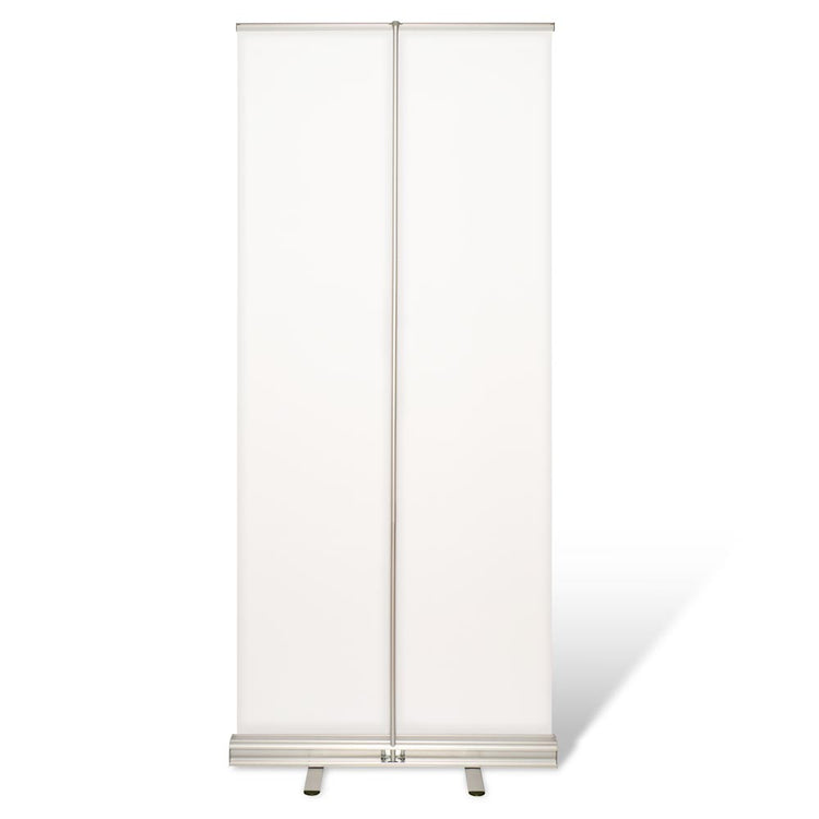 Roll Up Display Rückseite mit Klappstange sichtbar und Standfüße. In einem weissen Raum.