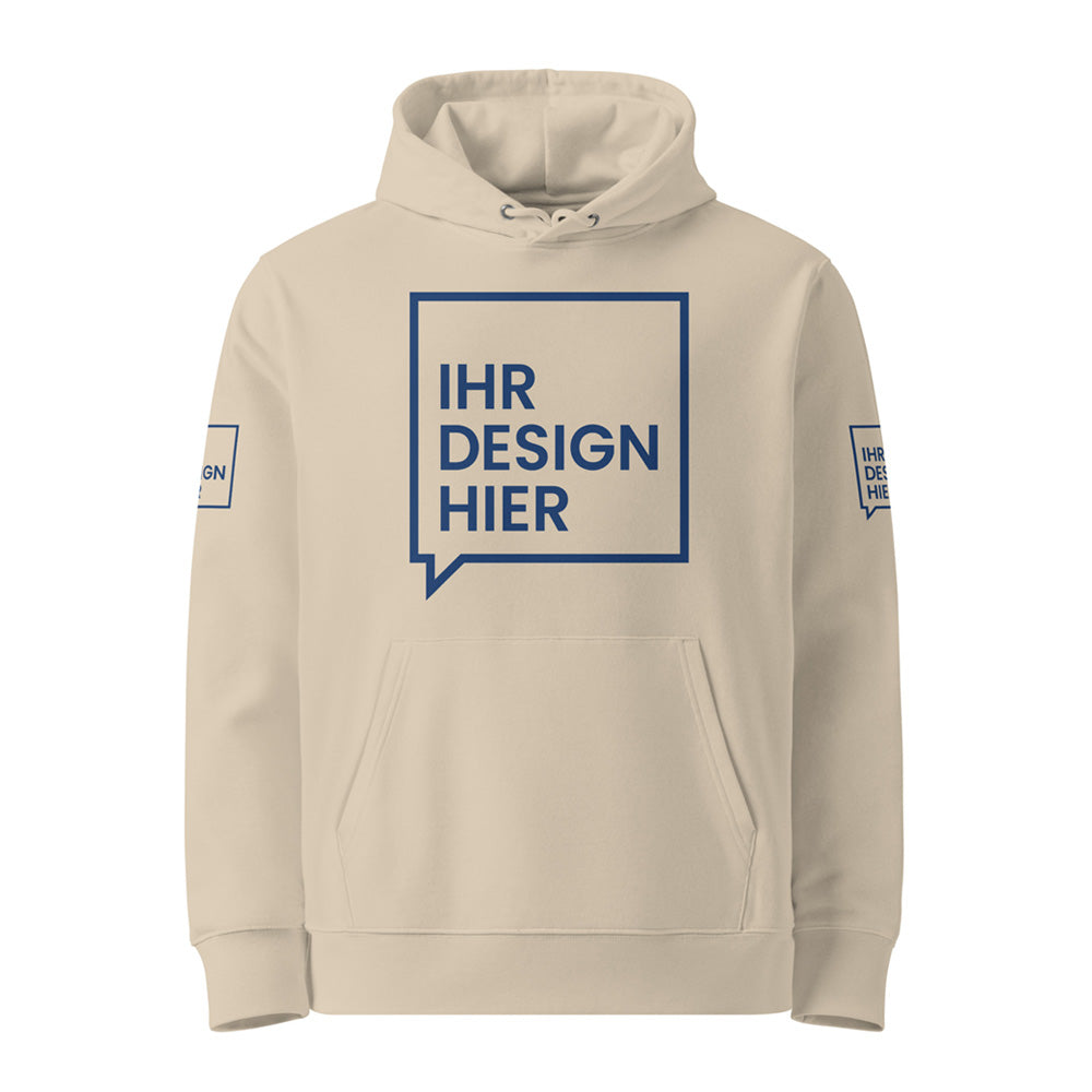 Ein beiger Hoodie mit individuell bedrucktem Design auf der Vorderseite und beiden Ärmeln. Der Hoodie verfügt über eine große Bauchtasche, eine Kapuze mit Kordelzug und elastische Bündchen. Perfekt für individuelle Designs, Markenlogos oder personalisierte Prints. Das Material sieht weich und bequem aus, ideal für den täglichen Gebrauch oder als einzigartiges Geschenk.