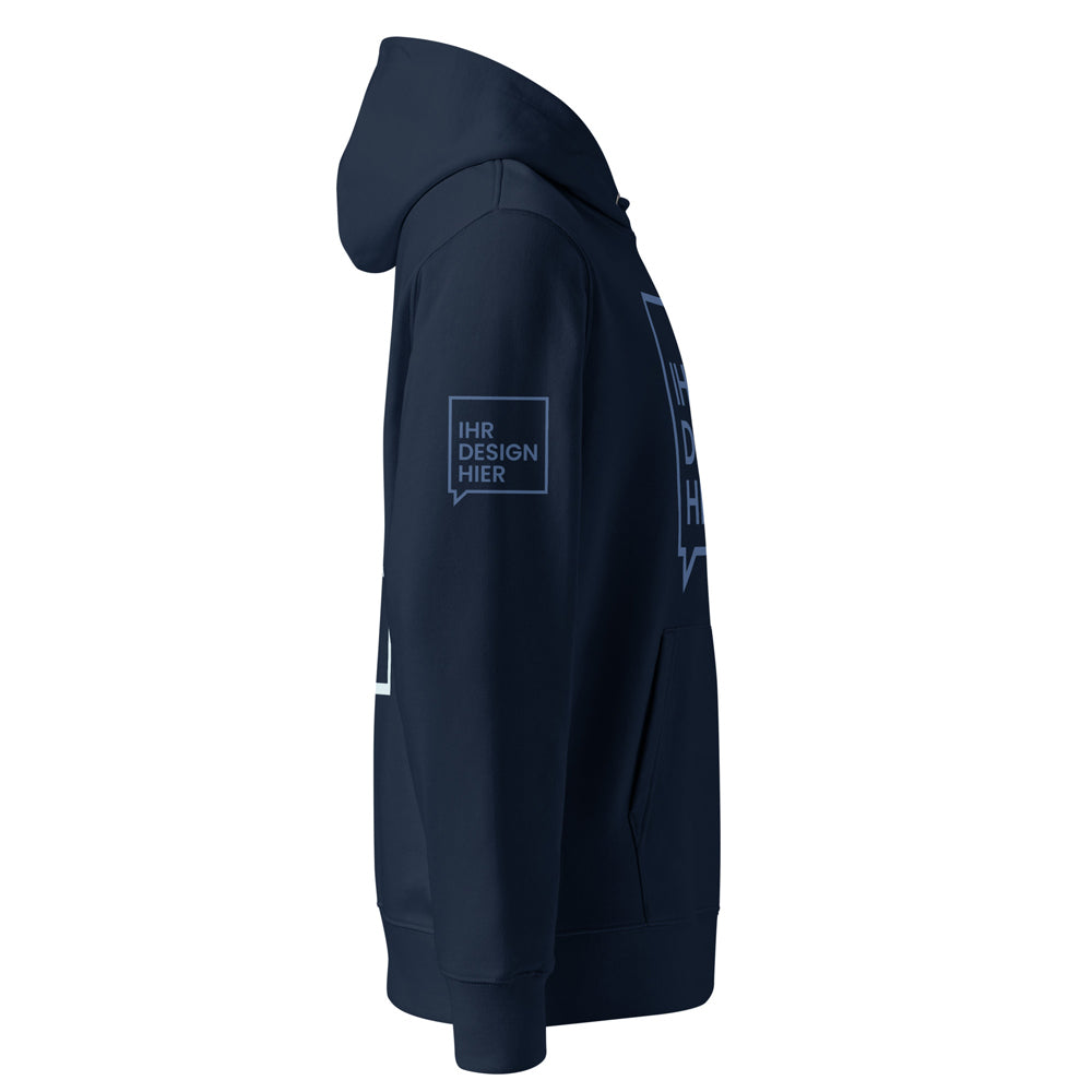 Ein dunkelblauer Hoodie in der Seitenansicht mit individuellem Design auf Ärmel und Brustbereich. Der Hoodie verfügt über eine Kapuze und eine seitliche Tasche. Das Material sieht hochwertig und bequem aus, ideal für den Alltag oder sportliche Aktivitäten. Das Design ist modern und bietet eine perfekte Grundlage für personalisierte Drucke oder Logos.