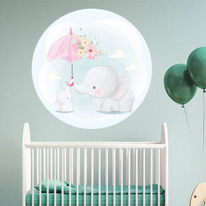 Wandtattoo rund "Elefant mit Schirm" mit Babybett und Ballons