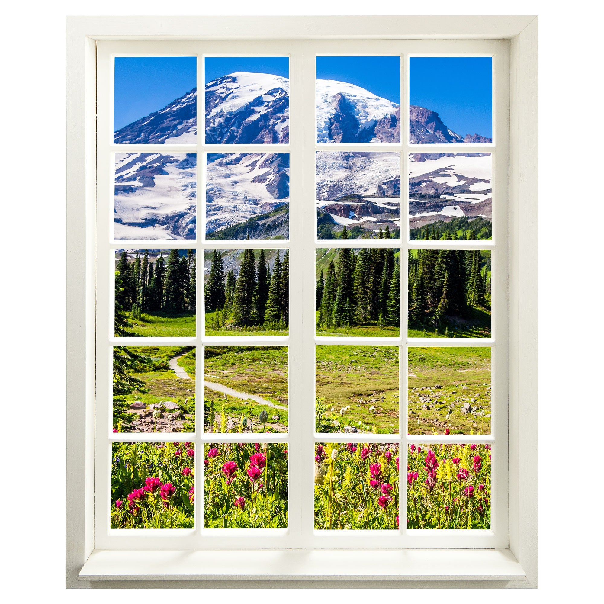 Wandaufkleber  selbstklebend mit erholsamer Aussicht auf Berge und Wildblumen