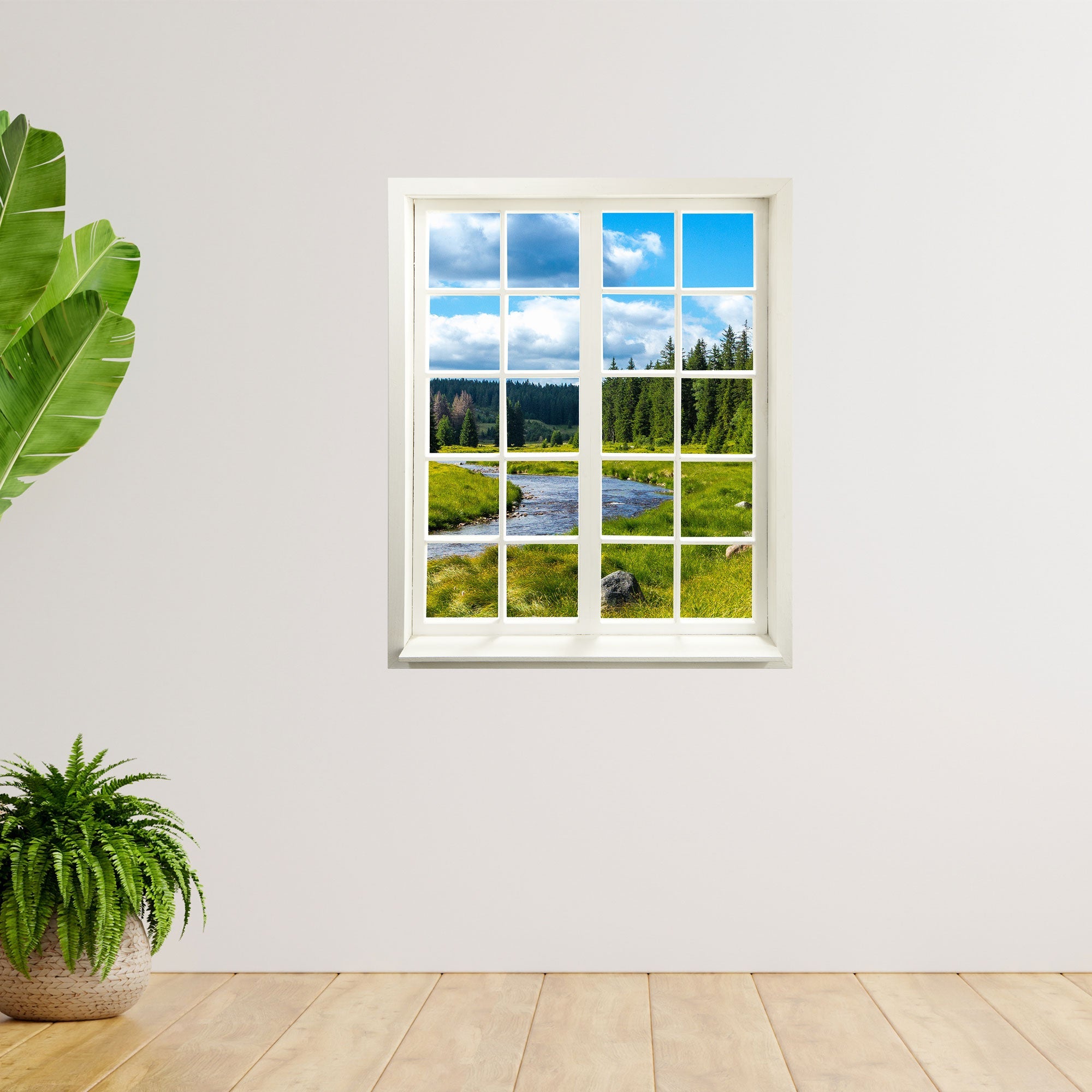 Selbstklebendes Wandbild mit Ausblick durch ein gedrucktes Fenster mit Wald und grüner Wiese und Fluss