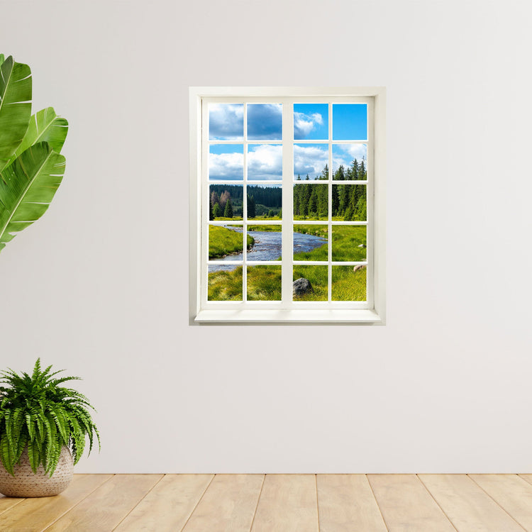 Selbstklebendes Wandbild mit Ausblick durch ein gedrucktes Fenster mit Wald und grüner Wiese und Fluss