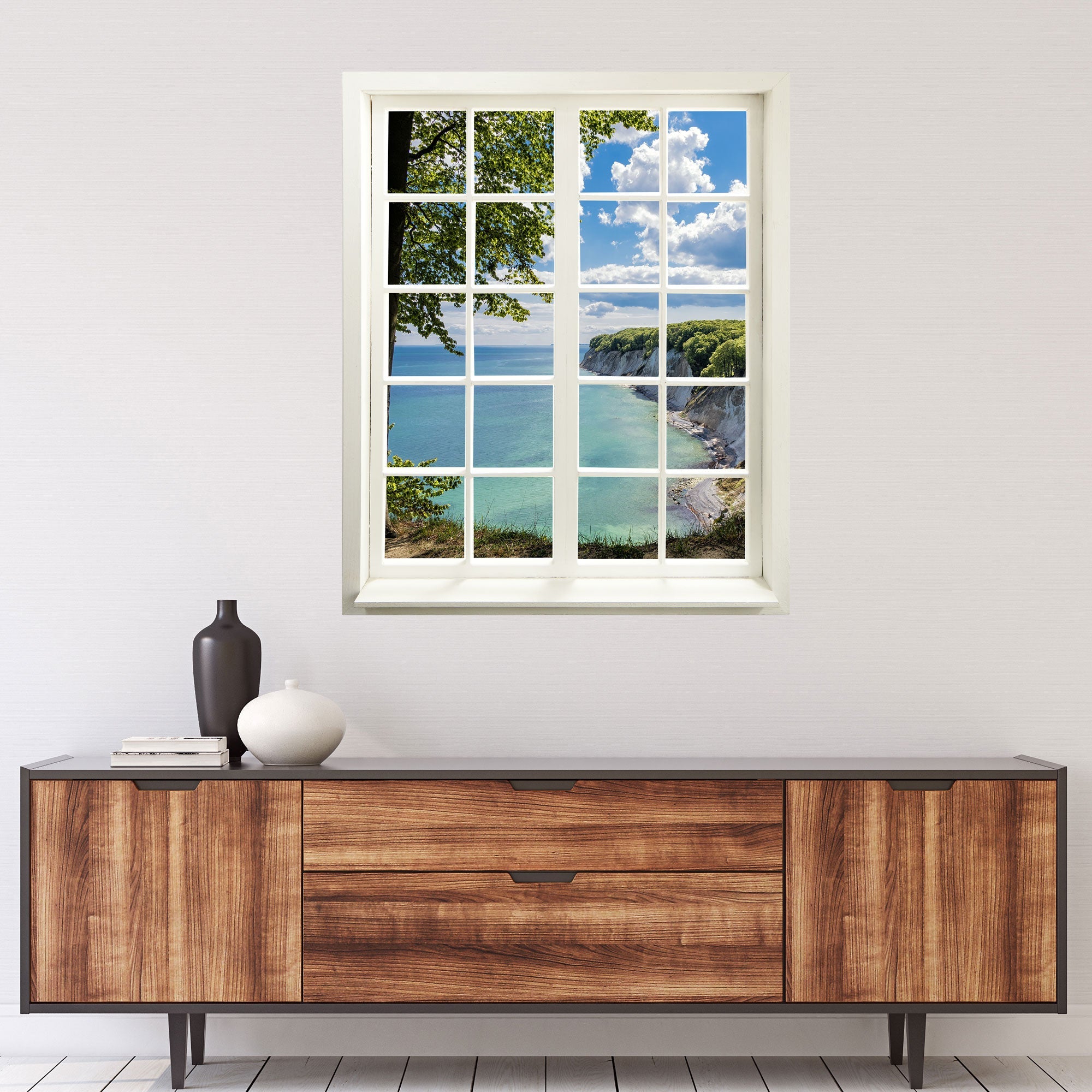 Wandtattoo Fensterblick "Meer und Bucht" über modernem Sideboard