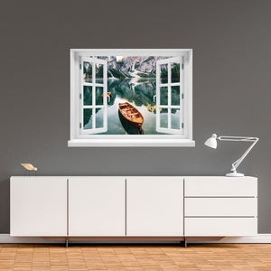 Wandtattoo offenes Fenster "Bergsee mit Boot" über Office-Sideboard