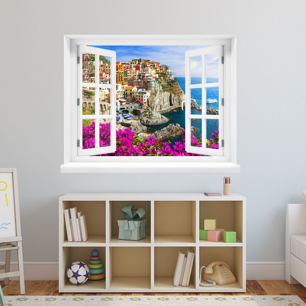 Wandaufkleber - Fenster "Cinque Terre" im Kinderzimmer Blick auf italienische Küste