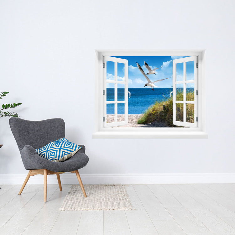 Selbstklebendes Wandbild mit schöner Aussicht auf Strand und Meer mit zwei Möwen