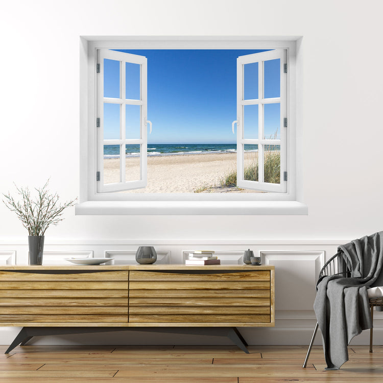 Wandaufkleber offenes Fenster "Ostsee Strand" über modernem Sideboard 