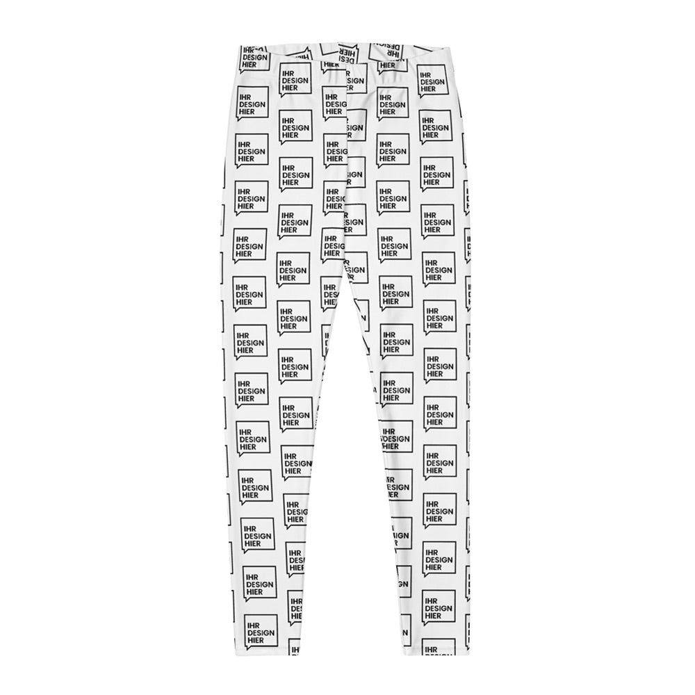 Weiße Damen-Leggings mit wiederholtem Muster der Aufschrift 'Ihr Design hier'. Perfekt für personalisierte Sport- und Freizeitkleidung, Werbegeschenke oder individuelle Mode.