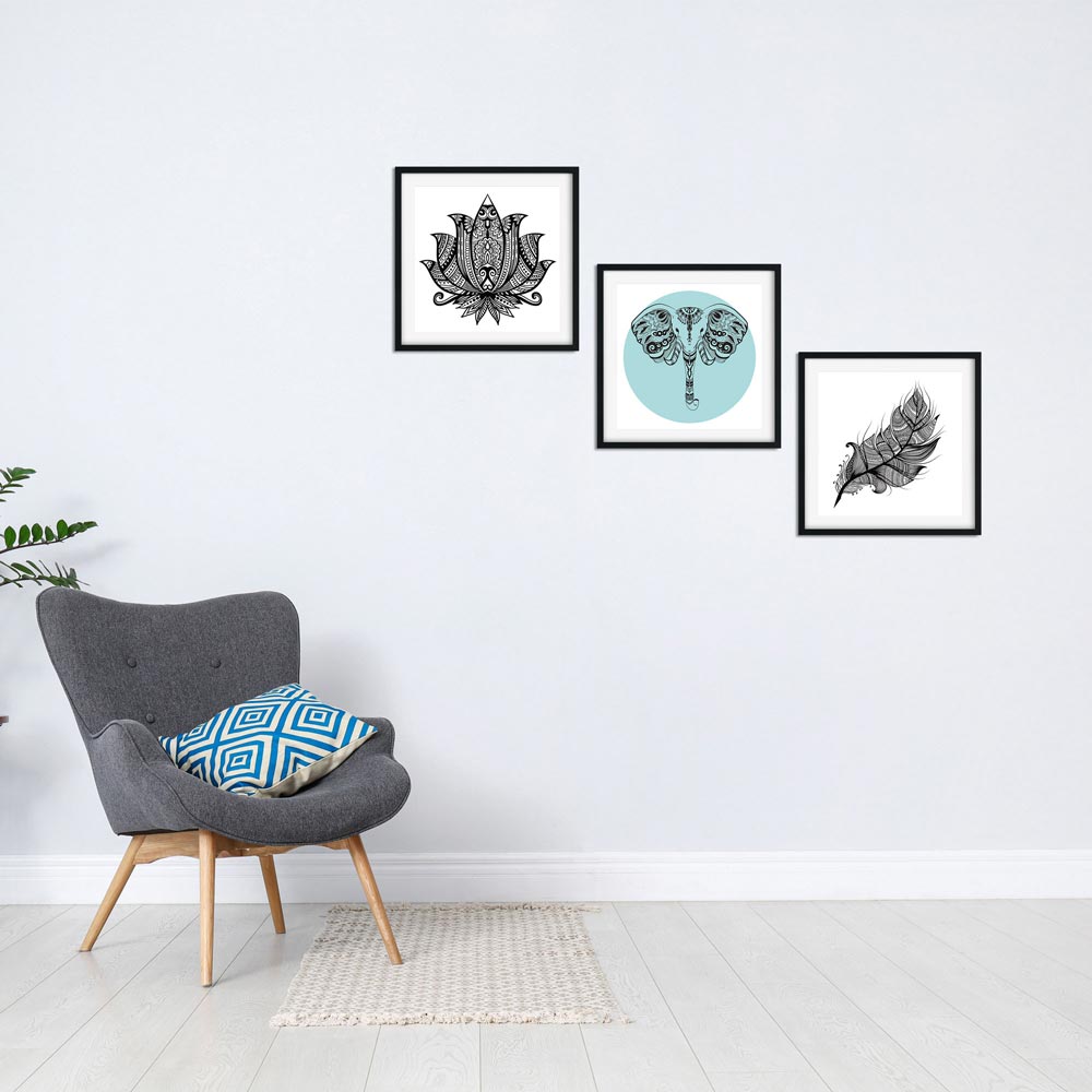 Poster-Set "Elefant Mandala" mit grauem Sessel 