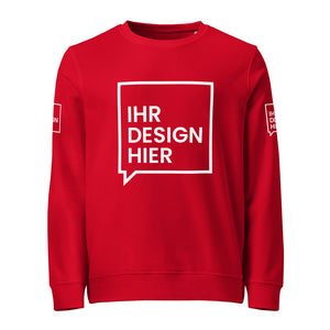 Ein roter Sweatshirt-Pullover mit individuellem Design. Auf der Vorderseite befindet sich ein großes, weiß umrandetes Quadrat mit dem Schriftzug „IHR DESIGN HIER“, das eine personalisierbare Fläche darstellt. Zusätzlich sind auf beiden Ärmeln kleinere Versionen dieses Designs angebracht. Ideal für individuelle Gestaltung und bedruckbare Modeoptionen.