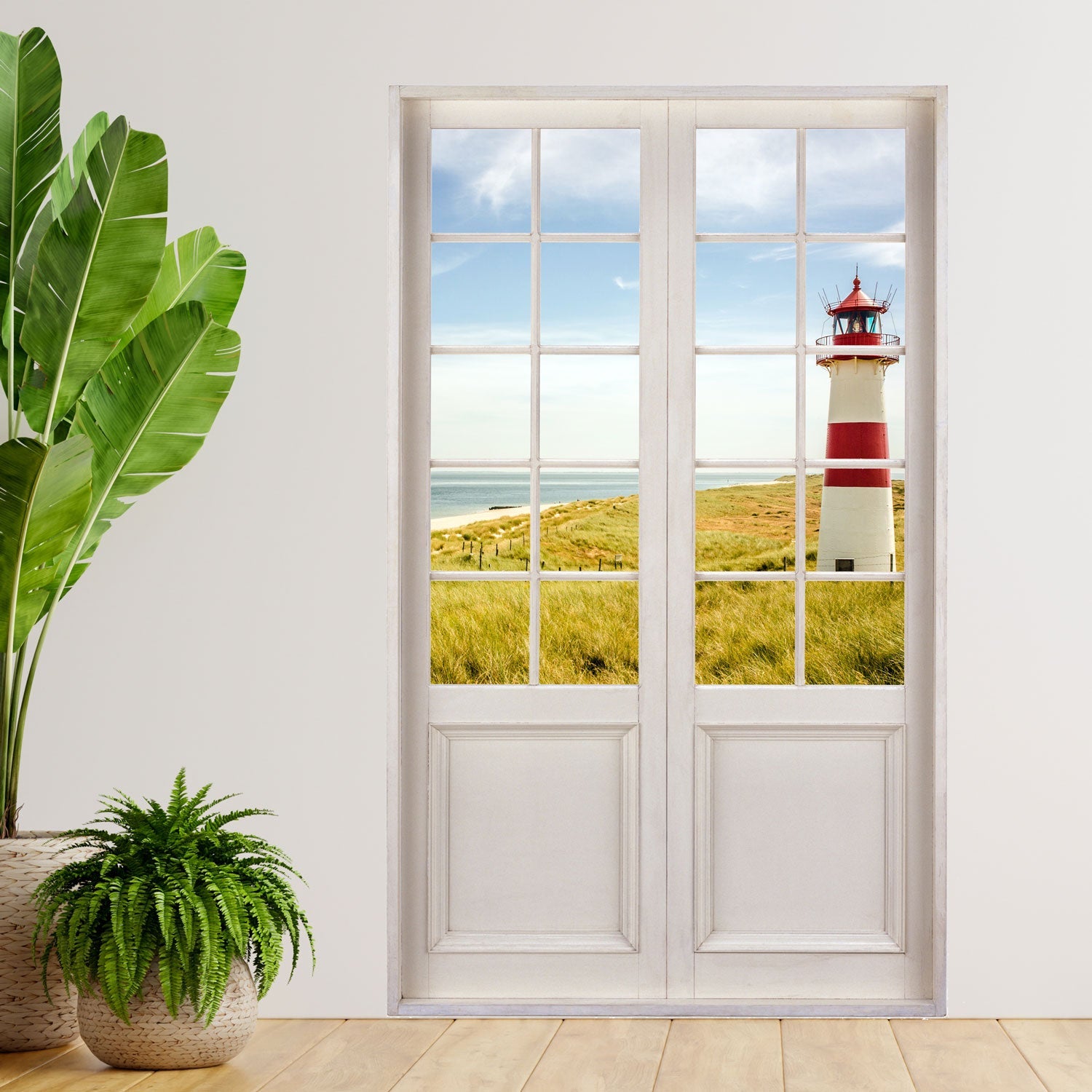 selbstklebende Tür zum Strand Wandtapete mit traumhaften Blick auf Ostsee mit Leuchtturm