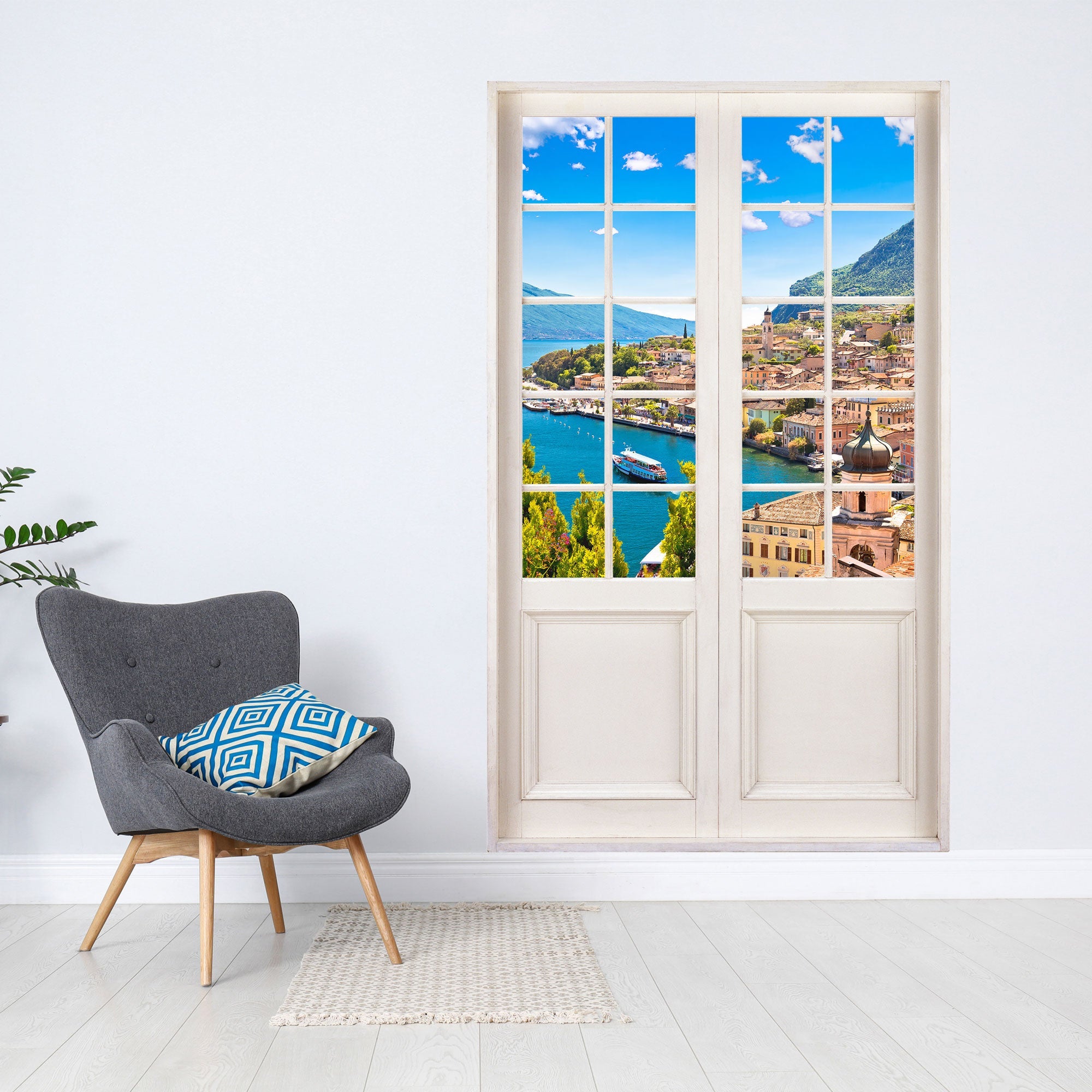 Gedrucktes Wandbild für Tapete und Möbel, mit toller Aussicht auf türkisfarbenen See und ein Dorf