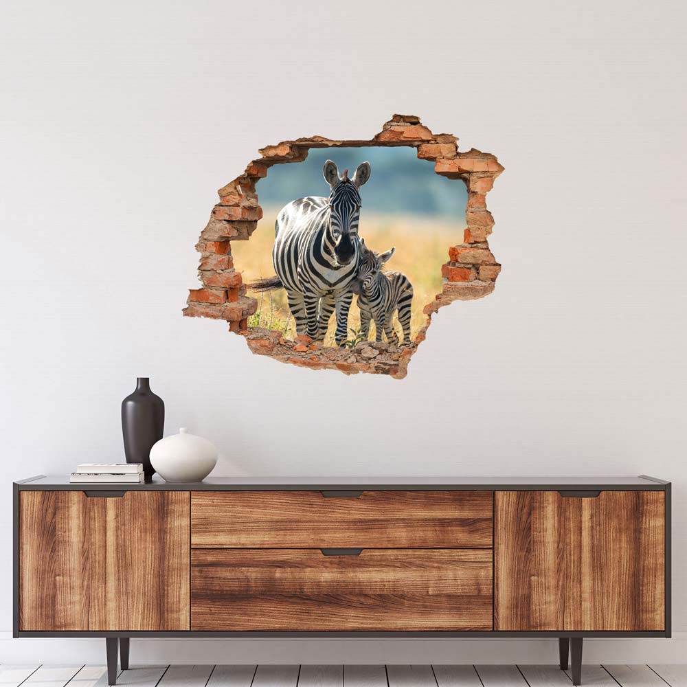 Wandtattoo - Wanddurchbruch "Zebra mit Fohlen" über braunem Sideboard