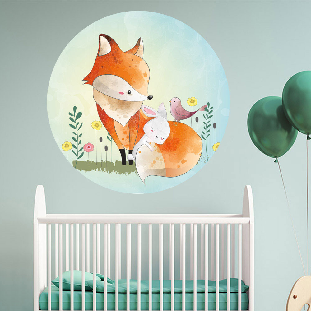 Runder Wandaufkleber "Fuchs und Hase" im Babyzimmer