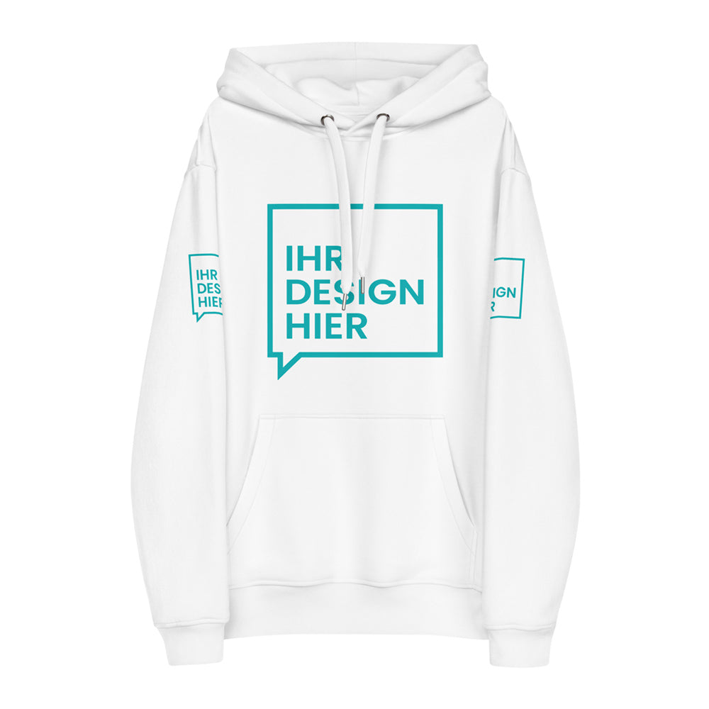 Ein weißer Hoodie mit Kapuze und Kängurutasche, bedruckt mit einem blauen "Ihr Design Hier"-Aufdruck auf der Vorderseite sowie auf beiden Ärmeln. Der Hoodie hat eine lockere Passform und ist ideal für individuelle Designs oder personalisierte Mode. Das weiche Material sorgt für Komfort und einen lässigen Look.