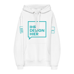 Ein weißer Hoodie mit Kapuze und Kängurutasche, bedruckt mit einem blauen "Ihr Design Hier"-Aufdruck auf der Vorderseite sowie auf beiden Ärmeln. Der Hoodie hat eine lockere Passform und ist ideal für individuelle Designs oder personalisierte Mode. Das weiche Material sorgt für Komfort und einen lässigen Look.