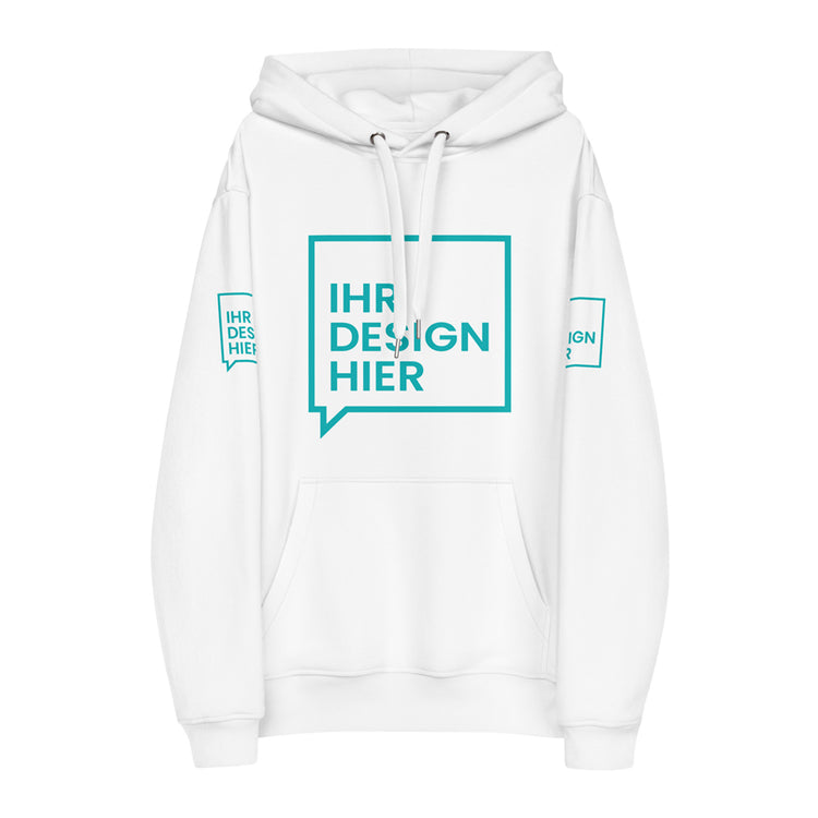 Ein weißer Hoodie mit Kapuze und Kängurutasche, bedruckt mit einem blauen "Ihr Design Hier"-Aufdruck auf der Vorderseite sowie auf beiden Ärmeln. Der Hoodie hat eine lockere Passform und ist ideal für individuelle Designs oder personalisierte Mode. Das weiche Material sorgt für Komfort und einen lässigen Look.