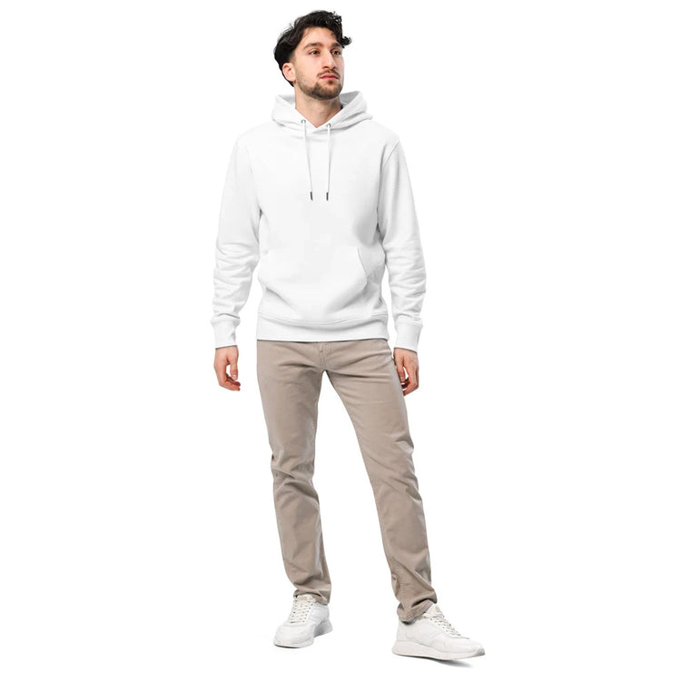 Ein Mann trägt einen weißen Hoodie mit einer Kapuze und Kordelzug, kombiniert mit einer beigen Hose und weißen Sneakern. Der Hoodie ist individuell bedruckbar und eignet sich perfekt für personalisierte Designs. Die klassische Passform und das schlichte Design machen ihn ideal für den Alltag oder als Werbegeschenk. Hochwertiges Material sorgt für Komfort und Langlebigkeit.