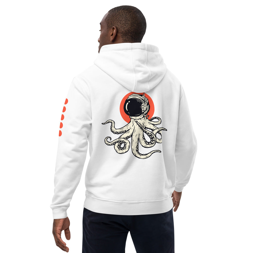 Ein Mann trägt einen weißen Hoodie mit einer auffälligen Rückseitengrafik. Das Design zeigt einen detaillierten Oktopus mit einem Astronautenhelm vor einem roten Kreis. Der Hoodie hat eine Kapuze und lange Ärmel mit roten Punkten an der Seite, was ihm einen modernen und kreativen Look verleiht. Ideal für Streetwear-Looks und individuelle Styles.