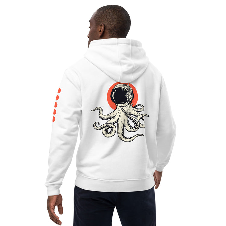 Ein Mann trägt einen weißen Hoodie mit einer auffälligen Rückseitengrafik. Das Design zeigt einen detaillierten Oktopus mit einem Astronautenhelm vor einem roten Kreis. Der Hoodie hat eine Kapuze und lange Ärmel mit roten Punkten an der Seite, was ihm einen modernen und kreativen Look verleiht. Ideal für Streetwear-Looks und individuelle Styles.