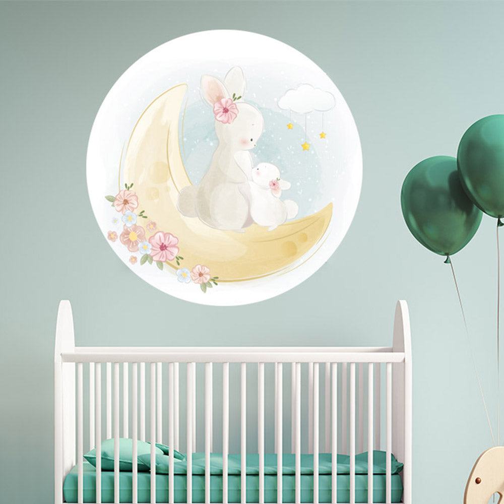 Wandtattoo rund "Mond und Hasen" Babybett und grüne Ballons 