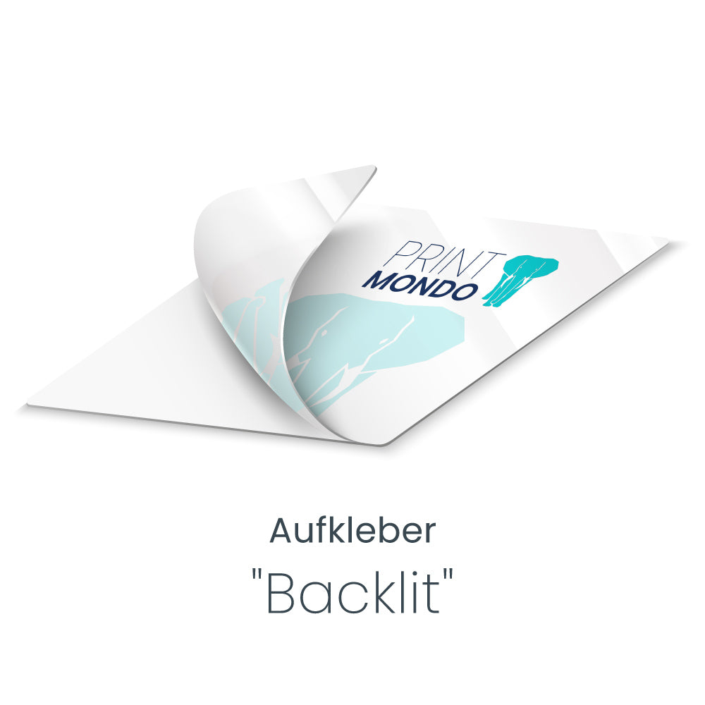 Backlit Aufkleber mit umgeklappter Ecke. Hier mit Beispieldruck in weiss, türkis und blau mit dem Print Mondo Elefanten Logo.
