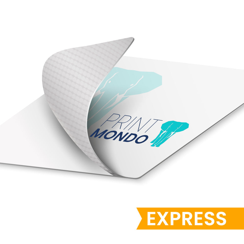 Aufkleber Bubble Free umgeklappt mit Sicht auf die Klebefläche, und die dadurch zu sehende Gewebestruktur. Hier mit Beispieldruck in weiss, türkis und blau mit dem Print Mondo Elefanten Logo. Express Möglichkeit.