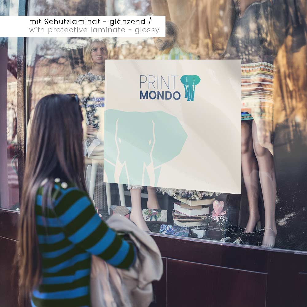 Der Aufkleber Bubble Free hat eine Luftkanalstruktur und ist somit sehr einfach zu verkleben. Hier als Beispiel an einem Schaufenster, von außen verklebt.