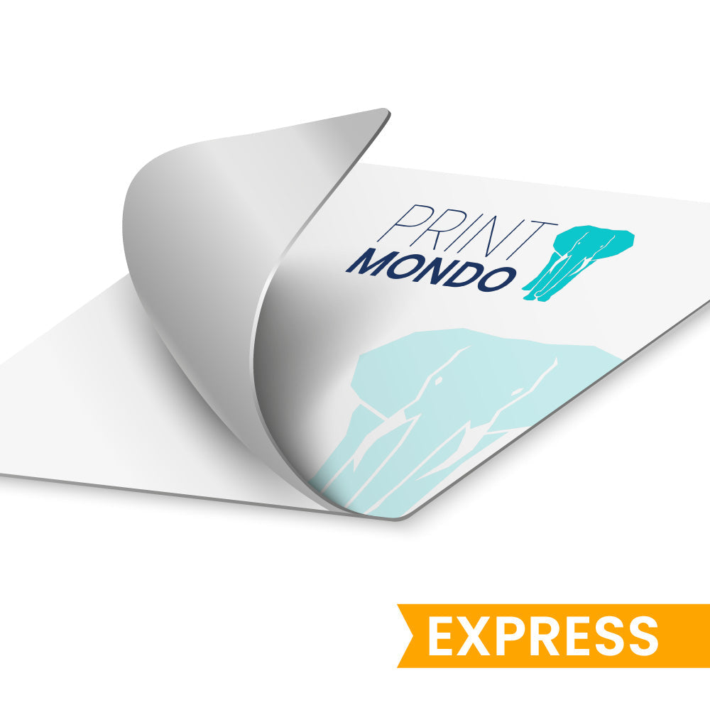 Aufkleber eco aufgeklappt, mit sichtbarer grauer Rückseite. Hier mit Beispieldruck in weiss, türkis und blau mit dem Print Mondo Elefanten Logo. Express Druck möglich.