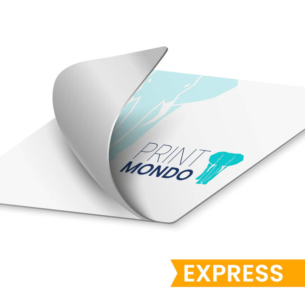 Aufkleber Premium umgeklappt mit Sicht auf die graue Rückseite. Hier mit Beispieldruck in weiss, türkis und blau mit dem Print Mondo Elefanten Logo. Express Möglichkeit.