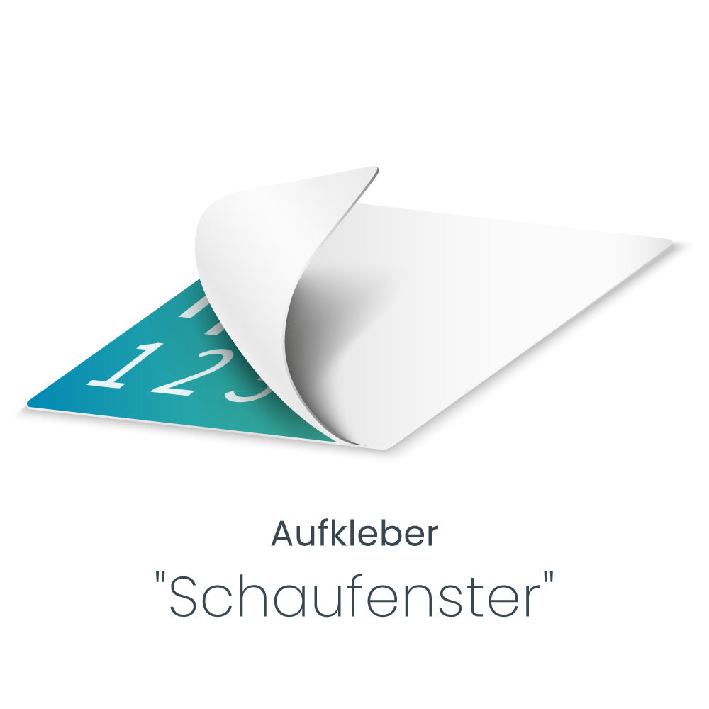 Schaufensteraufkleber. Ansicht wie das Trägerpapier abgezogen wird und die Schrift zu sehen ist