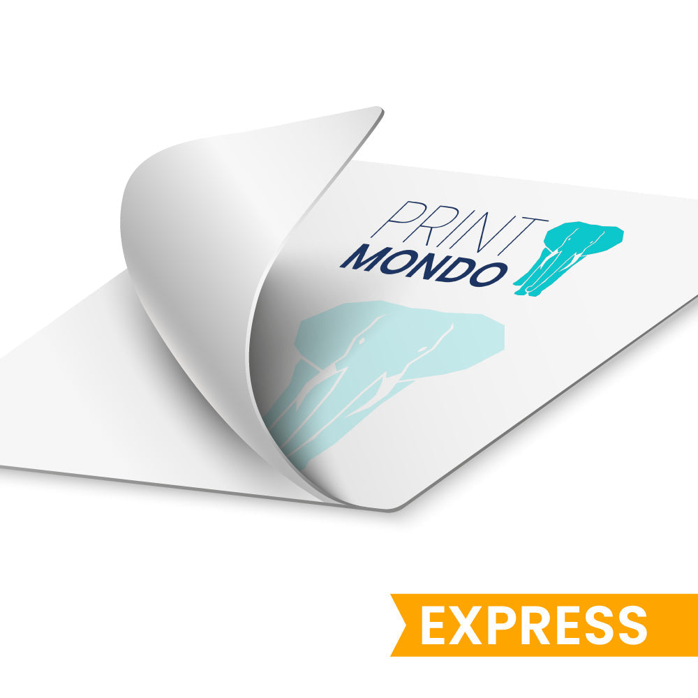 Aufkleber Standard umgeklappt mit Blick auf die weiße Klebeseite. Hier mit Beispieldruck in weiss, türkis und blau mit dem Print Mondo Elefanten Logo. Express Druck auf Wunsch möglich.